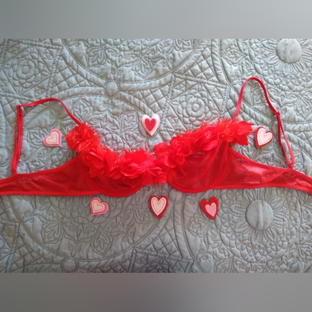 Red Mesh Unlined Bra Fluffy Boa Detail Underwire Size Medium Dreamgirl Valentine